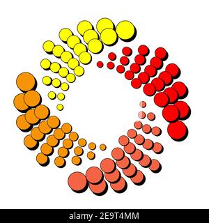 Spirale aus Punkten in gelb orange und rot vier Schattierungen mit Schatten. Abstraktes gepunktetes EPS10-Vektor-Hintergrundsymbol auf Weiß isoliert. Stock Vektor