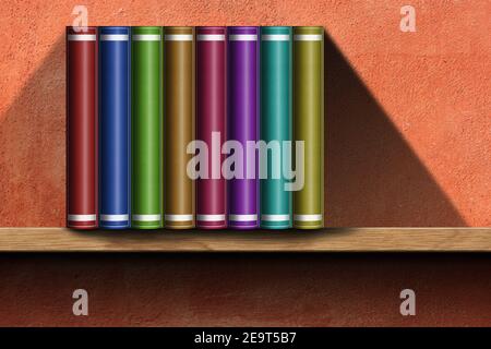 3D Illustration einer Gruppe von mehrfarbigen Büchern auf einem Holzregal mit oranger Wand auf dem Hintergrund. Stockfoto
