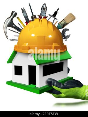 Hand mit schützendem Arbeitshandschuh, der ein kleines Modellhaus mit gelbem Hut und Arbeitswerkzeugen über dem grünen Dach zeigt. Isoliert auf weißem Hintergrund. Stockfoto