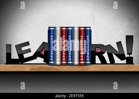 Englisch Lernen. 3D Abbildung eines Holzregals mit einer Gruppe von Büchern mit den UK-Flaggen (Union Jack Flag) auf einer grauen Wand mit Kopierraum. Stockfoto