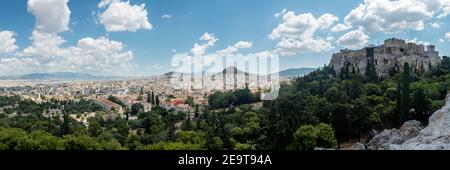 Blick über die Athena Athens Stadtbild in Griechenland am Akropolis bei Sonnenuntergang Stockfoto