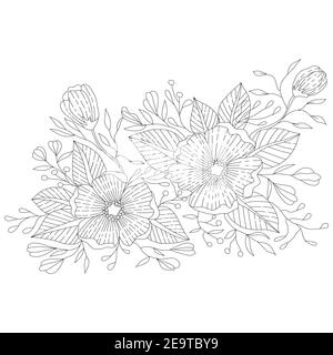 Blumenstrauß mit Knospen und Blättern Malbuch Seite für Erwachsene, handgezeichnete Flopale Ornament in schwarz und weiß. Vektorgrafik monochrom Stock Vektor