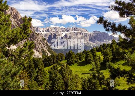 Sellagruppe (Sellagruppe, sellagruppe) von der Alp Seceda in den Dolomiten UNESCO Welterbe in Gröden Südtirol gesehen Stockfoto