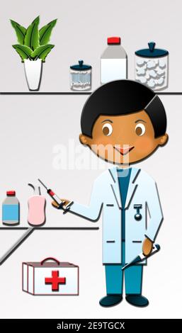 Cartoon von einem niedlichen glücklich Krankenschwester, hält eine Spritze. Diese Illustration ist Teil einer Sammlung verschiedener Berufe. Stockfoto