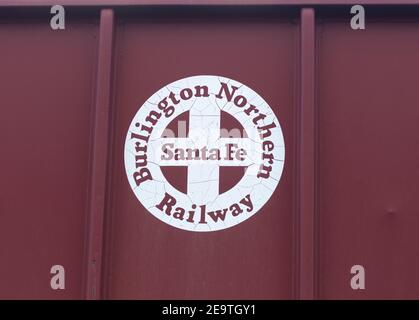 Die Burlington Northern and Santa Fe Railway (BNSF) Logo auf Eisenbahn Open Hopper Auto, Troy, Montana Burlington Northern und Santa Fe Railway war Form Stockfoto