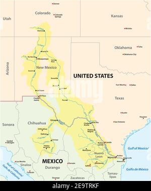 Karte des Rio Grande, Rio Bravo Drainage Basin, Mexiko, USA Stock Vektor