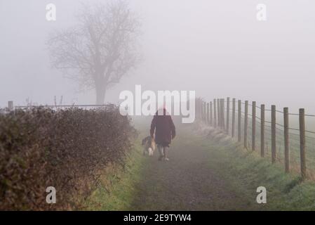 Avon Valley Footpath, Burgate, Fordingbridge, New Forest, Hampshire, UK, 6th February, 2021, Wetter: Nebel und Nebel umhüllen die Landschaft und die Temperaturen sind nahe an eiskalten frühen Morgen vor einer Zeit von sehr kaltem Wetter. Die Menschen sind zu Fuß für die Ausübung. Kredit: Paul Biggins/Alamy Live Nachrichten Stockfoto