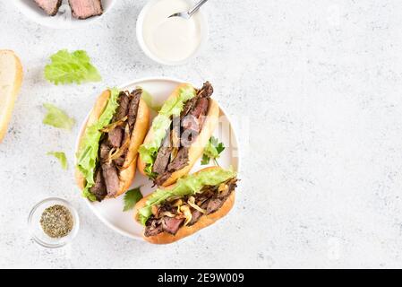 Pulled Beef Sandwiches mit karamellisierten Zwiebeln auf dem Teller über hellem Stein Hintergrund mit freiem Text Platz. Draufsicht, flach liegend Stockfoto