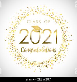 Klasse der 2021-jährigen Graduierung Banner, Auszeichnungen Konzept. Glänzendes Schild, Happy Holiday Einladungskarte, goldener Kreis. Isolierte abstrakte Grafik Design templ Stock Vektor