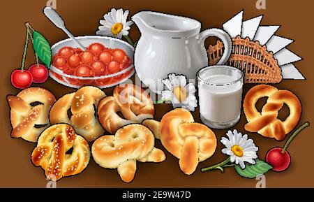 Brötchen, Blumen, Milch, Servietten, Beeren handgezeichnete Vektor Doodle Illustration. Stock Vektor