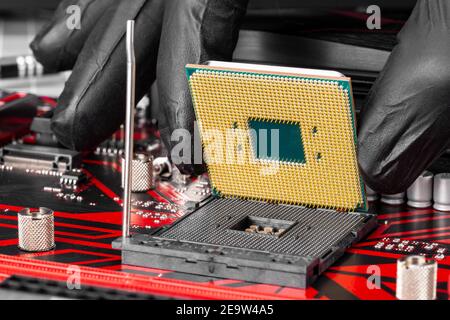 Hand mit CPU bei der Installation eines Computerprozessors in Sockel auf der Hauptplatine. PC-Hardware-Technologie Upgrade Service Reparatur Konzept Hintergrund Stockfoto