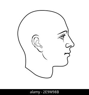 Handgezeichnetes Modell des menschlichen Kopfes in der Seitenansicht. Schwarze und weiße Umrisse flache Vektorzeichnung isoliert auf weißem Hintergrund. EPS 8. Stock Vektor