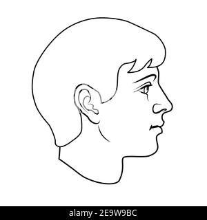 Handgezeichnetes Modell des menschlichen Kopfes in der Seitenansicht. Schwarze und weiße Umrisse flache Vektorzeichnung isoliert auf weißem Hintergrund. EPS 8. Stock Vektor