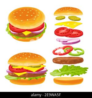 Burger mit fliegenden Zutaten gehören Brötchen, Tomaten, Salat, Käse, Zwiebel, Gurke. Vektorfarbe flache Illustration isoliert auf weißem Hintergrund. Stockfoto