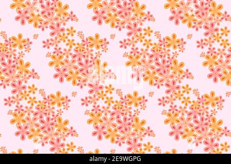 Zartes pastellfarbenes Blumenmuster. Hellrosa und orange Blumen Hintergrund. Süße diagonale blühende Textur für Stoff, Tapete, Geschenkpapier. Stock Vektor