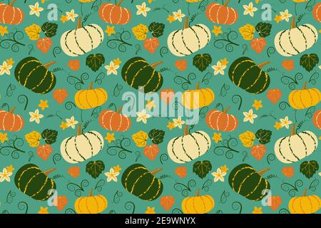 Niedliche Kürbisse und Blätter nahtlose Vektor-Muster für Stoff, Geschenkpapier oder Tapete. Gemüse Herbst Hintergrund. Stock Vektor