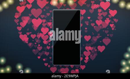 Valentinstag Hintergrund mit Herz. Vektorgrafik. Smartphone. Romantische Postkarte, Postkarte, Einladung, Bannervorlage. Stock Vektor
