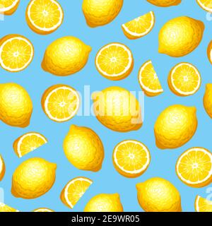 Vektor Bright nahtlose Muster mit gelben Zitrone Frucht auf einem blauen Hintergrund. Stock Vektor