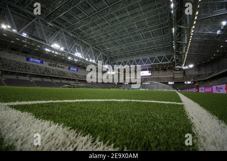 Stockholm, Schweden. Februar 2021, 06th. Eine leere Arena vor dem Halbfinale der Volkswagen Stockholm Challenge zwischen Brommapojkarna und Djurgarden in der Tele2 Arena in Stockholm, Schweden Quelle: SPP Sport Pressefoto. /Alamy Live Nachrichten Stockfoto