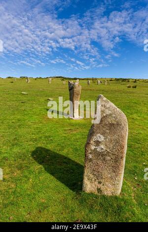 Bronzezeit stehende Steine bei Minions auf Bodmin Moor, Cornwall, England Stockfoto