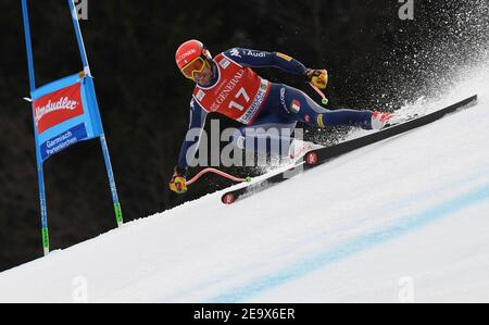 Garmisch Partenkirchen, Deutschland. Februar 2021, 06th. Alpinski, WM, Super G, Herren: Christof Innerhofer aus Italien im Einsatz. Quelle: Angelika Warmuth/dpa/Alamy Live News Stockfoto