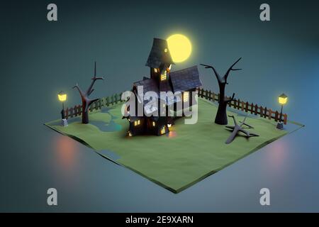halloween schwarze Burg in Nachtszene, 3D Illustration Rendering Stockfoto