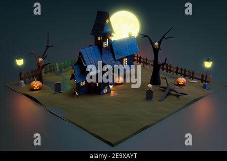 halloween schwarze Burg in Nachtszene, 3D Illustration Rendering Stockfoto
