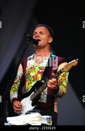 Sting setzt seine Welttournee auf der 'Route of Kings' Bühne im Hyde Park, London, UK, fort. 28th. Juli 2001 Stockfoto