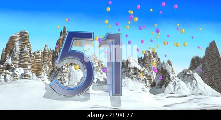 Nummer 51 in dickem blauem Font auf einem verschneiten Berg mit Felsgebirgslandschaft mit Schnee und roten, gelben und lila Luftballons im Hintergrund. Stockfoto