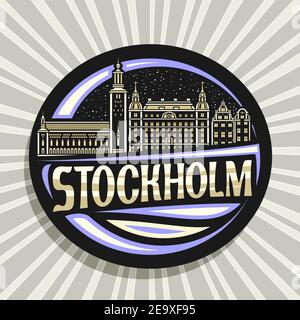 Vektor-Logo für Stockholm, schwarzes Dekorationsabzeichen mit Umriss Darstellung der stockholmer Stadtlandschaft auf Abendhimmel Hintergrund, Kunst Design Tourist Kühlschrank Stock Vektor