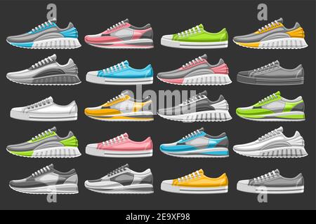 Vector Sneakers Set, 20 ausgeschnittene Illustrationen verschiedener mehrfarbiger, schwarz-weißer Fußball und Fußball Sneakers, Gruppe von vielen Unisex Kinder tauchen Stock Vektor