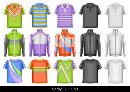 Vector Set von Sportbekleidung, 15 Ausschneiden Illustrationen von mehrfarbigen, schwarz und weiß Sportbekleidung für Fitness oder Training, Fitness-Training Kleidung Set f Stock Vektor