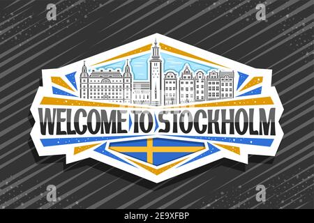 Vektor-Logo für Stockholm, weiße dekorative Tag mit Linie Illustration von stockholm Stadtbild auf Tag Himmel Hintergrund, Art Design Kühlschrank Magnet mit un Stock Vektor