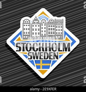 Vektor-Logo für Stockholm, weißes Rhombus-Straßenschild mit Liniendarstellung der stockholmer Stadtlandschaft auf Tageshimmel-Hintergrund, dekorativer Kühlschrankmagnet mit Stock Vektor