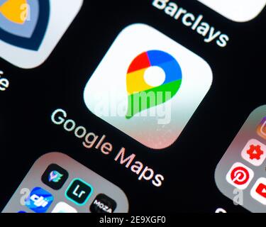 Google Maps App-Symbol auf dem Apple iPhone-Bildschirm Stockfoto