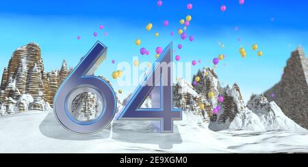 Nummer 64 in dickem blauem Font auf einem verschneiten Berg mit Felsgebirgslandschaft mit Schnee und roten, gelben und lila Luftballons im Hintergrund. Stockfoto