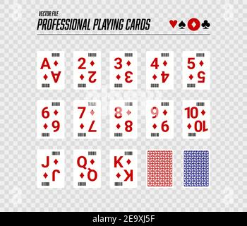 Professionelle Spielkarten mit Barcode (Plus Rücken). Transparenter Hintergrund. Online Casino Stil. Diamonds Poker, Blackjack. Wetten, Glücksspiel - Vektor Stock Vektor