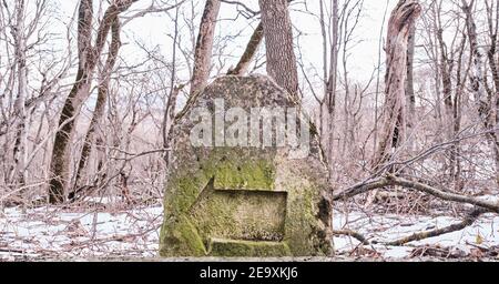 Ein Pfeilschild, das in einen moosbedeckten Stein in einem alten Winterpark gehauen wurde. Schelesnowodsk, Russland Stockfoto