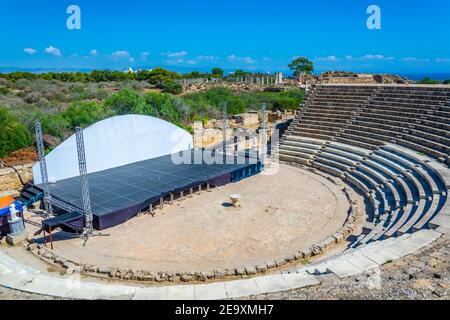 Ruinen des Amphitheaters an der antiken Salamis archäologischen Stätte in der Nähe von Famagusta, Zypern Stockfoto