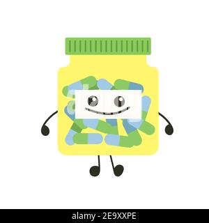 Lustige Medizin Pillen Charakter Glück. Humor medizinische Emoticons Pillen fröhlich. Cartoon Arbeit emoji Charakter Gesundheitswesen Apotheke. Happy Face Pillen Stock Vektor