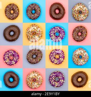 Collage von verschiedenen Donuts auf verschiedenen Farben Stockfoto