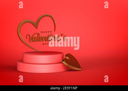 Golden Happy Valentine's Day Inschrift im Herzen - drei Maßgrafik auf rotem Hintergrund mit Platz für Text - 3D Render Stockfoto