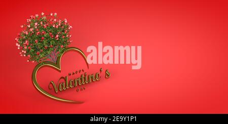 Goldene Happy Valentine's Day Inschrift mit einem Strauß Rosen - dreidimensionale Grafiken auf einem roten Hintergrund mit Raum Für Text - 3D Rendern Stockfoto