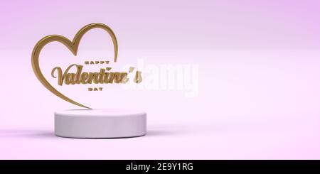 Golden Happy Valentine's Day Inschrift im Herzen - drei Dimensionale Grafik auf einem hellrosa Hintergrund mit Platz für Text - 3D Rendern Stockfoto