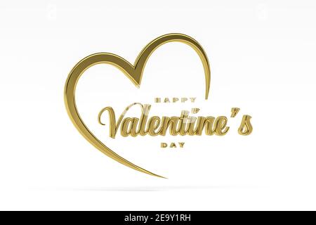 Golden Happy Valentine's Day Inschrift im Herzen - drei Dimensionale Grafiken auf weißem Hintergrund isoliert - 3D Render Stockfoto