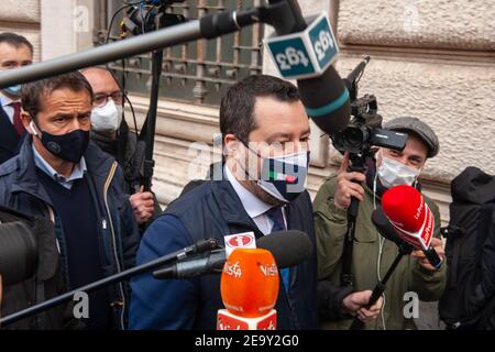 Rom, Italien 2. Februar 2021: Lega Führer Matteo Salvini am letzten Tag der Beratungen, Montecitorio. Stockfoto