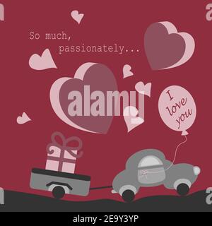 Nahtloses Muster. Nettes kleines Auto mit seinem Anhänger trägt ein großes Geschenk. Mit Text in englischer Sprache "so viel, leidenschaftlich, Ich liebe dich". Himbeerfarbe. Stock Vektor