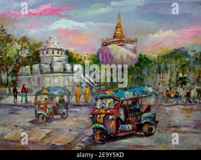 Kunst, Malerei, Öl, Farbe, Tuk Tuk Auto, Tempel, thailand, Taxi, Wat Saket und der Goldene Berg Stockfoto