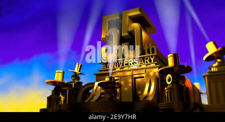 55th-jähriges Jubiläum in dicken Buchstaben auf einem großen goldenen Gebäude im antiken Stil, beleuchtet von 6 Flutlichtern mit weißem Licht auf einem blauen Himmel bei Sonnenuntergang. 3D I Stockfoto