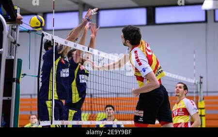 Karlsruhe, Deutschland. 03rd Mai 2021. Jens Sandmeier (15/SSC KA). GES/Volleyball/2. Bundesliga-Geklagt: Baden Volleys SSC Karlsruhe - SV Schwaig, 06.02.2021 - zur weltweiten Nutzung Quelle: dpa/Alamy Live News Stockfoto